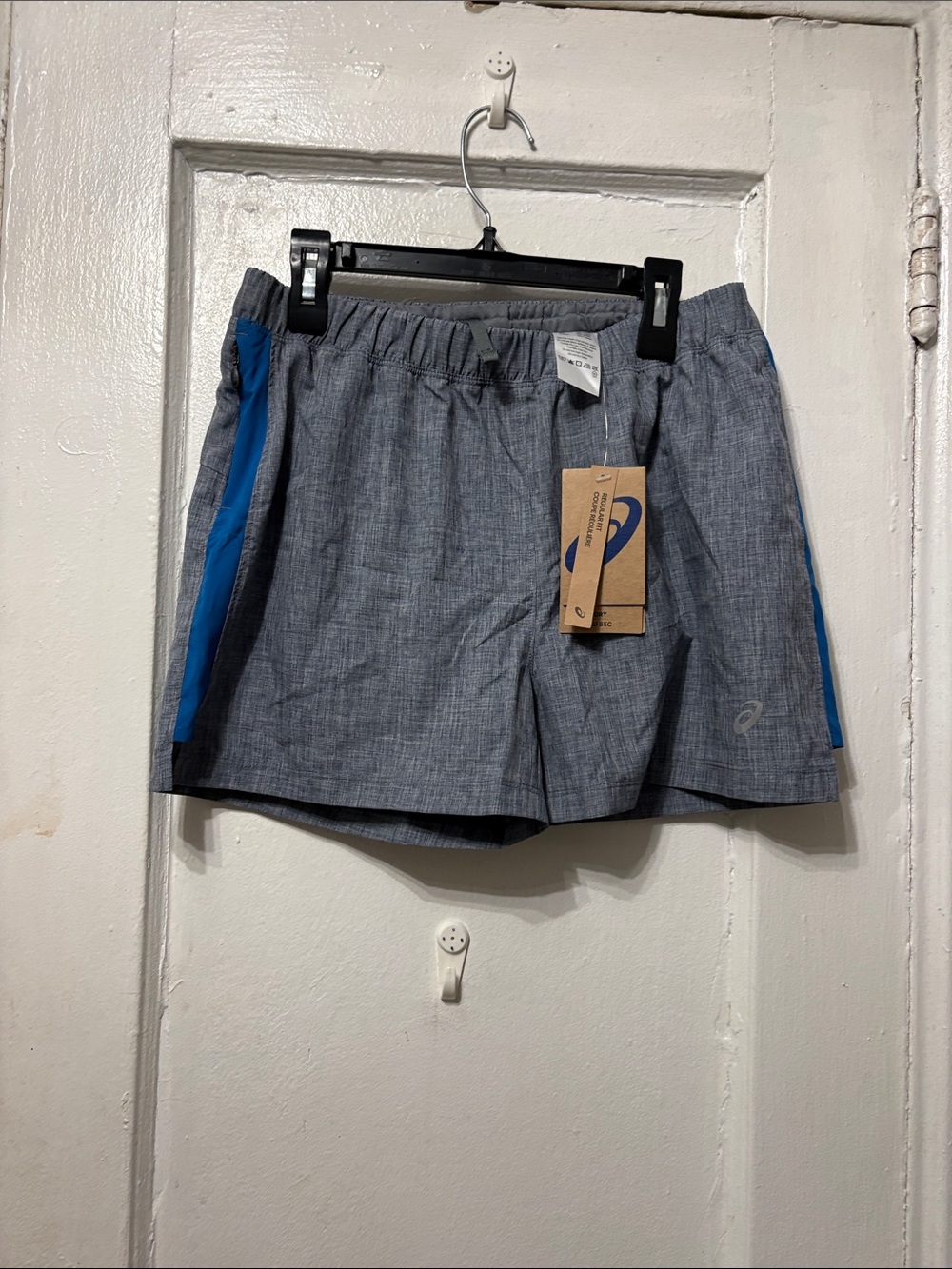 Asics Women Heather Gray Athletic Shorts with Blue Side Panels